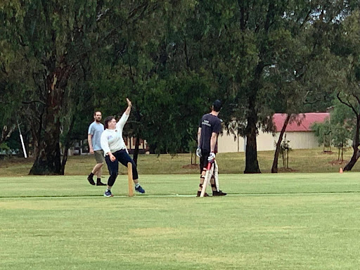 Prez mid delivery with Ice watching from the background - I think it&rsquo;s Cassidy batting for the Curtin